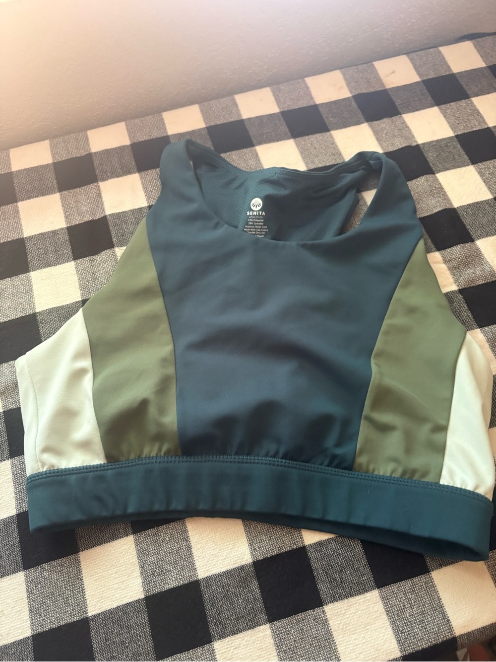 Senita Athletics Teal, Olive & Cream Colorblock High-Neck Sports Bra